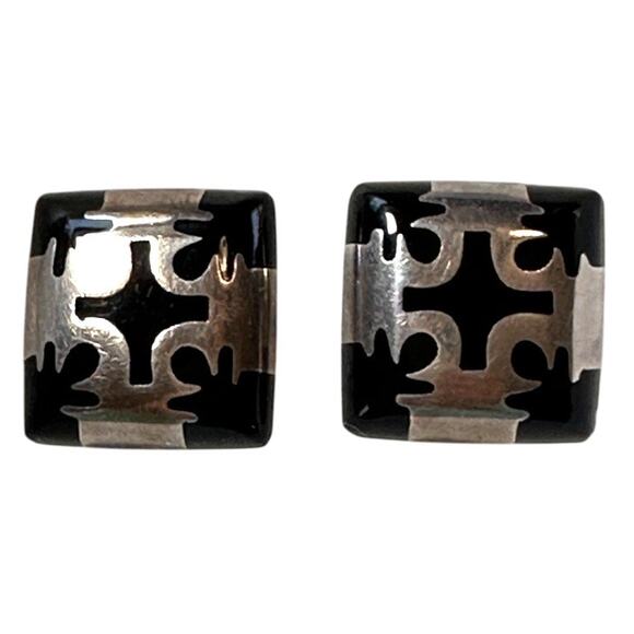 Vintage Cut-Out Sterling Overlay Onyx Square Clip Earrings Mexico - Picture 1 of 6